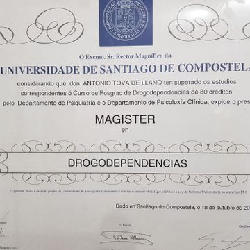 Consulta de psicología Antonio Tova de Llano diploma