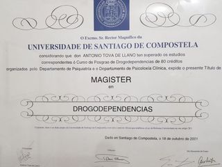 Consulta de psicología Antonio Tova de Llano diploma
