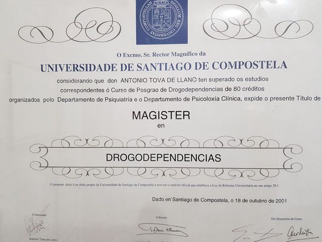 Consulta de psicología Antonio Tova de Llano diploma